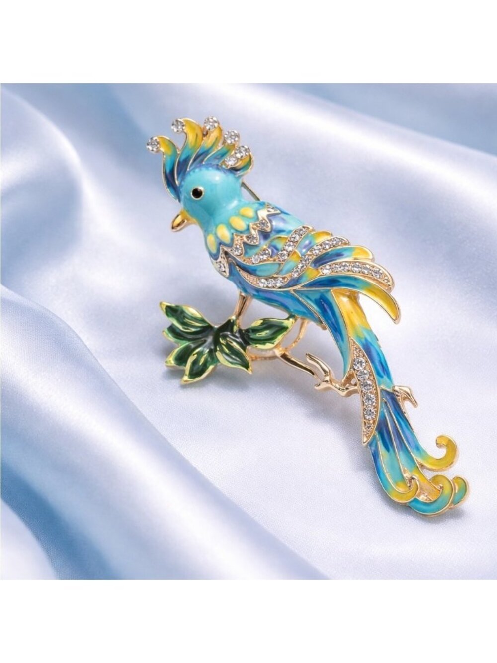 Blue Bird Long Tail Crystal Brooch